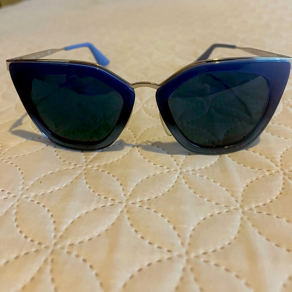 PRADA Butterfly Sunglasses SPR 53SS Blue and Silver Frame/ Blue Lenses